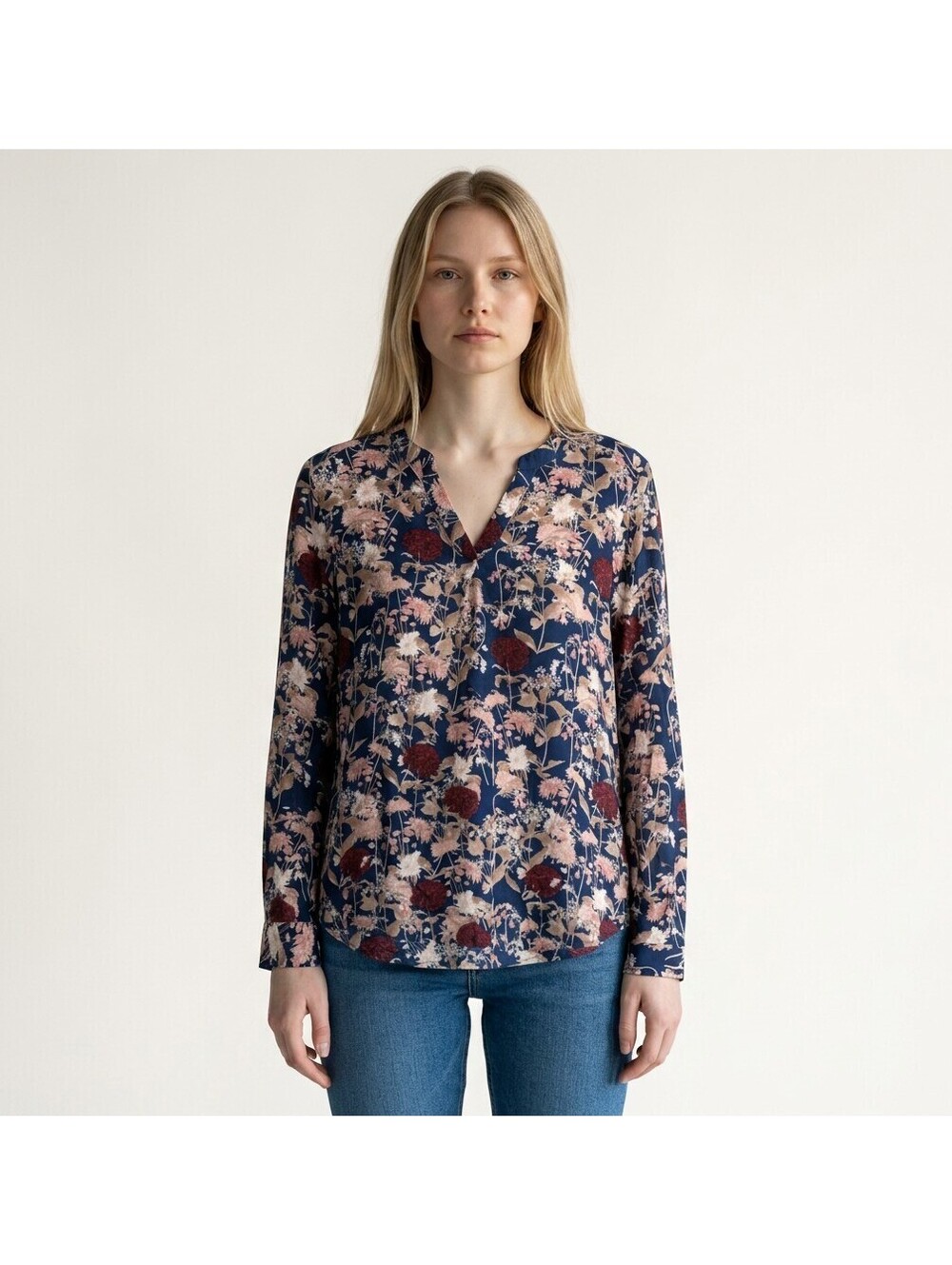 Brina & Em Blouse Women L Large Blue Floral V-Neck Long Sleeve Rayon Casual